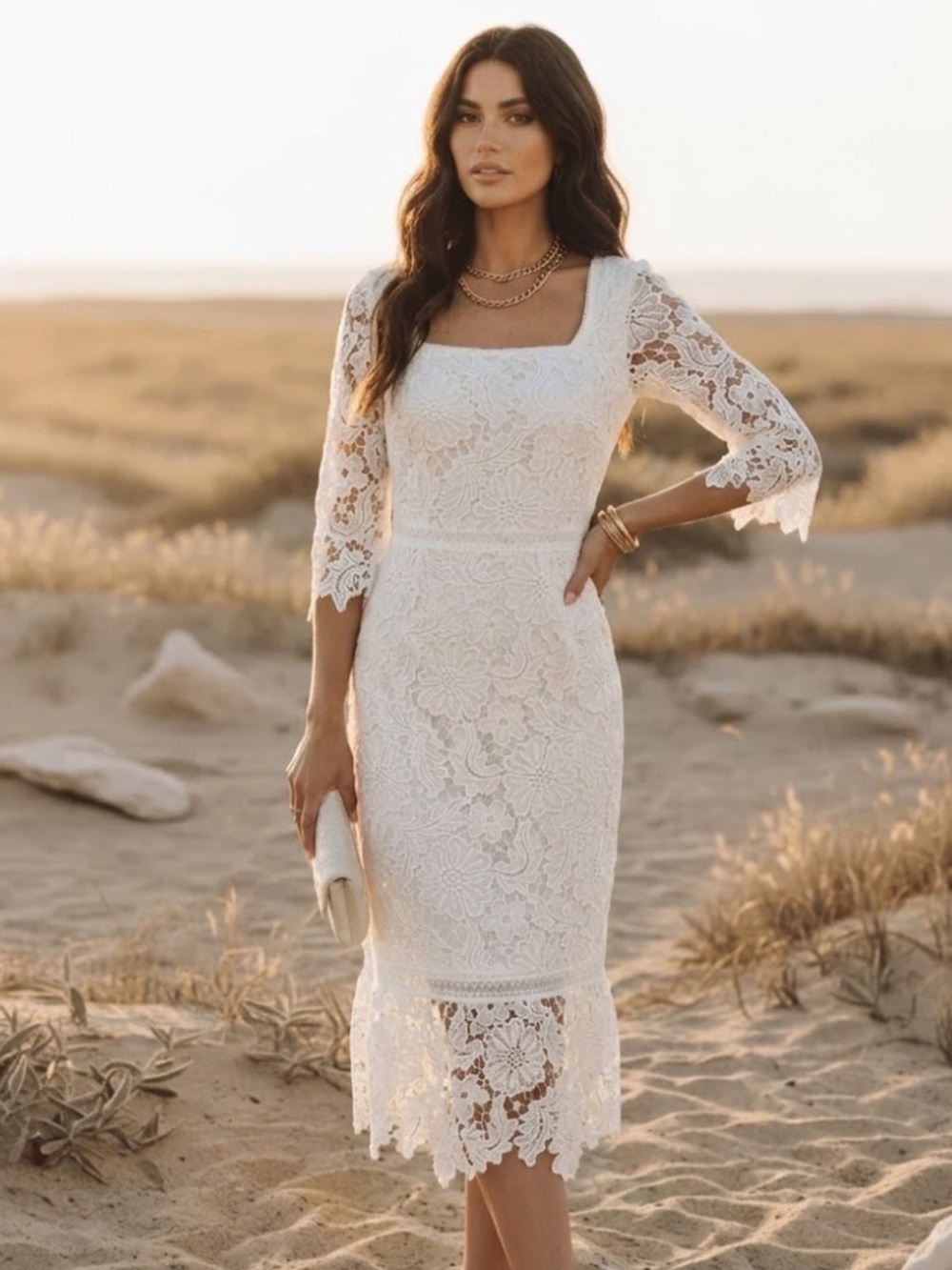 Steve Madden BB Dakota Square Neck Short Sleeve Lace Midi Dress White